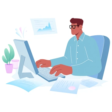 An office worker is sitting at a desk, focused on a computer screen, with fingers poised over the keyboard. The worker is wearing a button-up shirt and glasses, with a furrowed brow indicating concentration. Scattered around the desk are various papers, some with graphs and charts, others with handwritten notes. A coffee cup sits on one side of the desk, and a potted plant is in the background, adding a touch of greenery to the workspace.