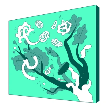 A teal canvas displaying swirling patterns and figures that intertwine in complex formations. There are various forms resembling thought bubbles and gears, each filled with intricate designs. The overall composition conveys a sense of movement and interconnectedness between these elements. Some shapes appear to be expanding outward while others are converging, creating a dynamic and engaging visual experience.