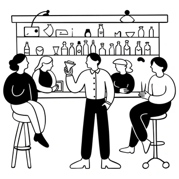 A man wearing a trendy shirt and slim-fit trousers is standing at a bar, holding a drink in his hand. He has short hair and is surrounded by friends who are laughing and chatting. The bar is filled with various bottles and glasses on the shelves behind it. There are tables with patrons enjoying their drinks, and soft lighting creates a lively atmosphere. Decorative elements like hanging lights and wall art enhance the scene.