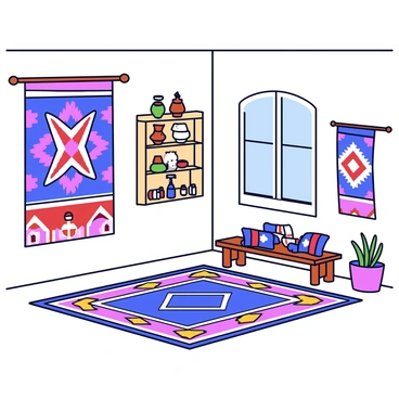 A room showcasing cultural heritage with traditional textiles and artifacts. The walls are adorned with handwoven tapestries featuring intricate designs. In one corner, there is a wooden display shelf filled with various traditional artifacts, such as clay pots and carved figurines. A large, colorful rug with geometric patterns covers the wooden floor. A couple of decorative cushions with ethnic prints are placed on a simple bench. The sunlight streams in through a window, illuminating the textures of the textiles.