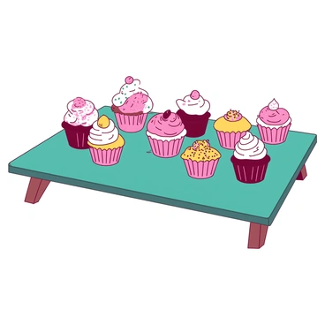 A teal table is filled with an assortment of cupcakes, each topped with different colored frostings and a variety of sprinkles. The cupcakes are arranged neatly, showcasing a range of flavors and designs. Some cupcakes have pink frosting adorned with colorful round sprinkles, while others feature yellow frosting with star-shaped sprinkles. The table is set against a simple backdrop, emphasizing the vibrant colors and delightful details of the cupcakes.