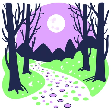 A forest path is winding through tall trees with intricate branches reaching outwards. The ground is covered in a mix of leaves and small pebbles that create a natural trail. The scene is illuminated by the soft glow of a full moon hanging in the night sky, casting gentle light on the foliage. Shadows are created by the moonlight, enhancing the textures of the tree bark and the underbrush. In the distance, there are silhouettes of more trees, creating a sense of depth in the forest. The air appears still, adding to the tranquility of the scene.