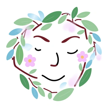 A face formed entirely from natural elements is created using various leaves, branches, and flowers. Green leaves are arranged to shape the outline of the face. Twisted branches serve as the facial features, creating a unique structure. Colorful flowers are scattered across the forehead and cheeks, adding vibrant detailing. The background consists of a soft gradient of pastel colors, enhancing the organic composition.