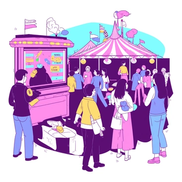 A group of people is gathered at a fair, surrounded by colorful lights illuminating the scene. The visitors are exchanging shiny tokens at a vibrant game booth, while others stand in line for rides in the background. Some of the attendees are holding balloons and cotton candy, adding to the festive atmosphere. The fairground is bustling with excitement as laughter and chatter fill the air, highlighting the joyful interaction among the visitors.
