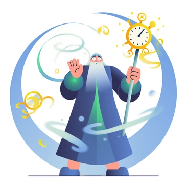 A time wizard with a long beard and deep blue robes is standing at the center of a swirling vortex of time. The wizard is holding a clock-themed staff adorned with intricate golden gears and a glowing clock face at the top. His eyes are focused as he casts spells, and shimmering trails of light emanate from the staff. Around him, the vortex is filled with swirling shades of blue, gold, and white, depicting fragments of clocks and hourglasses floating in the magical energy. The scene is dynamic, with arcs of magical energy spiraling outwards into the surrounding time vortex.
