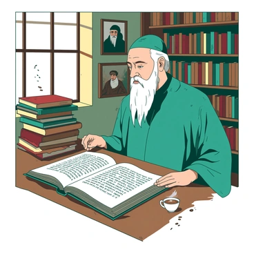 A teal rabbi with a long beard is sitting at a large wooden table in a library filled with rows of shelves packed with various Jewish books. The rabbi is focused on an open ancient text in front of him, with intricate Hebrew letters visible on the pages. Warm light streams in through a nearby window, illuminating the dust particles floating in the air. Stacks of books are piled up on the table, and a small white cup of tea sits next to the open text. The walls of the library are adorned with framed paintings of historical Jewish figures, adding to the scholarly atmosphere.