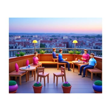 A cozy rooftop cafe with wooden furniture and colorful cushions. The cafe has small tables and chairs arranged to provide comfort. There are potted plants and flowers decorating the space. In the background, a panoramic view of the city of Fulda is visible, showcasing buildings with distinct architecture and the landscape beyond. Soft lighting illuminates the cafe, creating a warm atmosphere during twilight. There are patrons enjoying their drinks and food, adding to the lively atmosphere.
