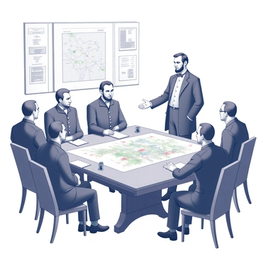 Abraham Lincoln meeting with Union generals around a strategy map