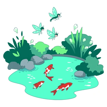 A teal pond is surrounded by lush green foliage, with tiny fairies fluttering above the water's surface. The fairies are iridescent, each with delicate wings that shimmer as they dance joyfully in the air. Below, curious koi fish swim gracefully in the pond, their vibrant colors contrasting against the teal water. The koi are peeking up at the fairies, creating a lively interaction between the fairies and the fish. The scene is illuminated by soft light, highlighting the enchanting atmosphere of this whimsical setting.