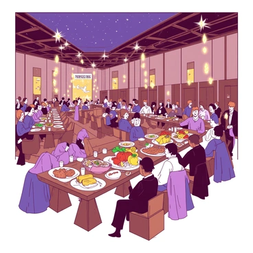 A grand hall is filled with students seated at long wooden tables, enjoying a feast. The tables are adorned with various dishes, including roasted meats, fresh bread, and vibrant fruits. Above, enchanted floating candles illuminate the space, casting a warm glow. The walls of the hall are decorated with banners, and the ceiling is painted to resemble a starry night sky. Students of different backgrounds are laughing and sharing stories, creating a lively and joyful atmosphere.