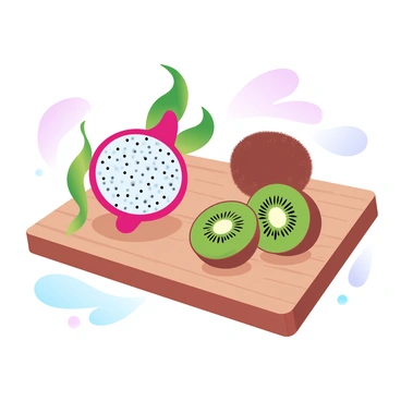 A wooden cutting board is placed flat on a surface. On the cutting board, there is a vibrant selection of exotic fruits. A dragon fruit with its bright pink skin and green leaf-like tips is sliced in half, revealing its white flesh speckled with tiny black seeds. Next to it, a kiwi is also cut in half, showcasing its fuzzy brown exterior and bright green interior with a circular pattern of seeds. Surrounding these fruits are a few whole kiwi and dragon fruits, their colors contrasting against the natural wood of the cutting board. The background features soft, gradient pastel colors that enhance the freshness of the fruits.