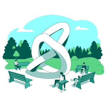 A large white modern sculpture is positioned in the center of a well-manicured green park. The sculpture features interlocking shapes that symbolize unity and cooperation, with smooth, flowing lines connecting multiple forms together. Surrounding the sculpture, there are several benches made of teal metal where visitors sit and engage in conversation. In the background, a clear blue sky enhances the scene, while distant trees frame the park, creating a serene atmosphere.