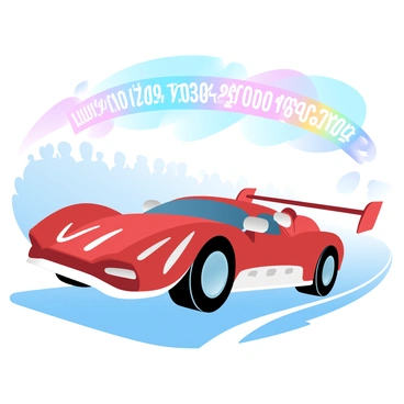 A race car crossing the finish line with speed ratings flashing overhead