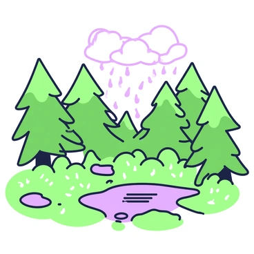 A lush pine forest filled with tall, green pine trees. Raindrops are visibly falling from a cloudy sky, creating a serene atmosphere. The ground is covered with rich green moss and scattered pine needles, glistening as they catch the rain. In the background, a few trees are swaying gently in the breeze, while small puddles begin to form on the forest floor. The raindrops create ripples in the puddles, adding movement to the tranquil scene.