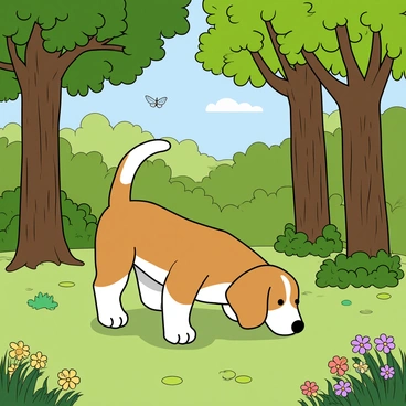 A small beagle with brown and white fur is sniffing the ground in a lush, green forest clearing. The dog's ears are long and floppy, and its tail is wagging excitedly. Surrounding the beagle are tall trees with thick trunks and a variety of vibrant green leaves. Sunlight filters through the branches, casting dappled shadows on the ground. There are patches of colorful wildflowers scattered throughout the clearing, adding splashes of yellow, purple, and pink. In the background, a few butterflies flit about, adding to the lively atmosphere of the scene.