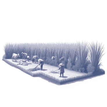 A sugar cane plantation stretching across the landscape, with tall stalks swaying gently. Several workers are actively engaged in harvesting the sugar cane, wearing straw hats and traditional clothing for protection from the sun. Some of the workers are using machetes to cut the cane, while others are gathering the harvested stalks into bundles. In the background, a few animals such as cows are grazing or resting on the lush, grassy area near the plantation. The sky above is clear, adding to the lively atmosphere of the farm.