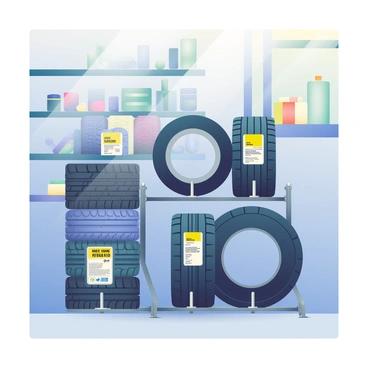 A display rack is positioned in the corner of a car shop, filled with a variety of car tires. The rack holds tires of different sizes and tread patterns, showcasing labels with brand names and specifications. Some tires are mounted on metallic display stands, while others rest stacked on top of each other. The background features a concrete wall with shelves holding automotive tools and accessories. Soft light filters down from above, illuminating the tires and creating subtle shadows on the floor.