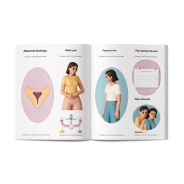 A visual guide displaying various symptoms related to "cervix health." The guide includes distinct sections, each featuring a specific symptom. For "abnormal discharge," an illustration shows a diagram of the female reproductive system, emphasizing the cervix area and highlighting the discharge. For "pelvic pain," an image depicts a woman with a hand on her lower abdomen, showing discomfort. Another section for "irregular periods" includes a calendar with marked dates indicating the menstrual cycle. The final section illustrates "pain during intercourse" with a couple in a close-up, conveying a sense of intimacy with a focus on facial expressions. Each illustration is accompanied by a brief label identifying the symptom.
