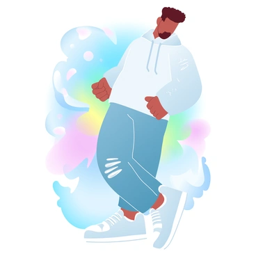 A male figure is leaning against a colorful urban wall that features vibrant graffiti patterns. He is wearing a casual street style outfit consisting of a loose-fitting hoodie and distressed jeans. His sneakers are stylish and complement the overall look. The wall behind him displays a mix of bright colors, including blues, pinks, and yellows, creating an energetic backdrop that enhances the scene. The figure's posture is relaxed, adding to the laid-back atmosphere of the setting.