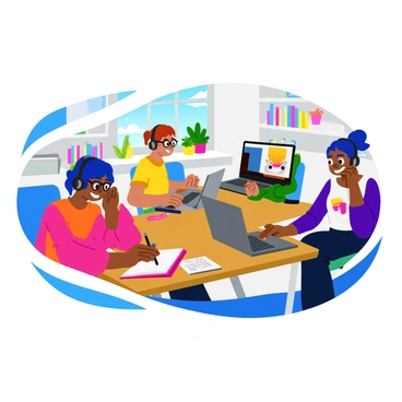 A group of four students sitting at their desks, each focused on their laptops while attending a virtual illustration class. The first student is wearing glasses and has a sketchbook open beside them, surrounded by colorful markers. The second student has bright blue hair and is using a digital tablet with a stylus, showing an animated expression of concentration. The third student has headphones on and is taking notes on a notepad, with a laptop displaying an illustration tutorial. The fourth student is smiling and wearing a graphic t-shirt, their screen showcasing a vibrant drawing of a cartoon character. The background includes bookshelves filled with art books and plants on the windowsill.