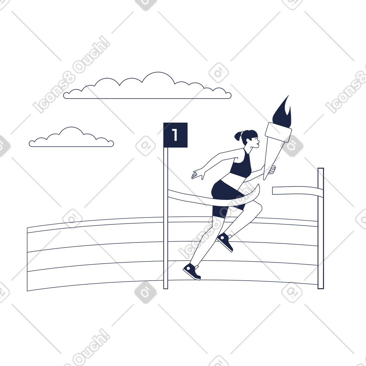 Runner crossing finish line with torch, Championship and accomplishment illustration in Urban style download in PNG, SVG