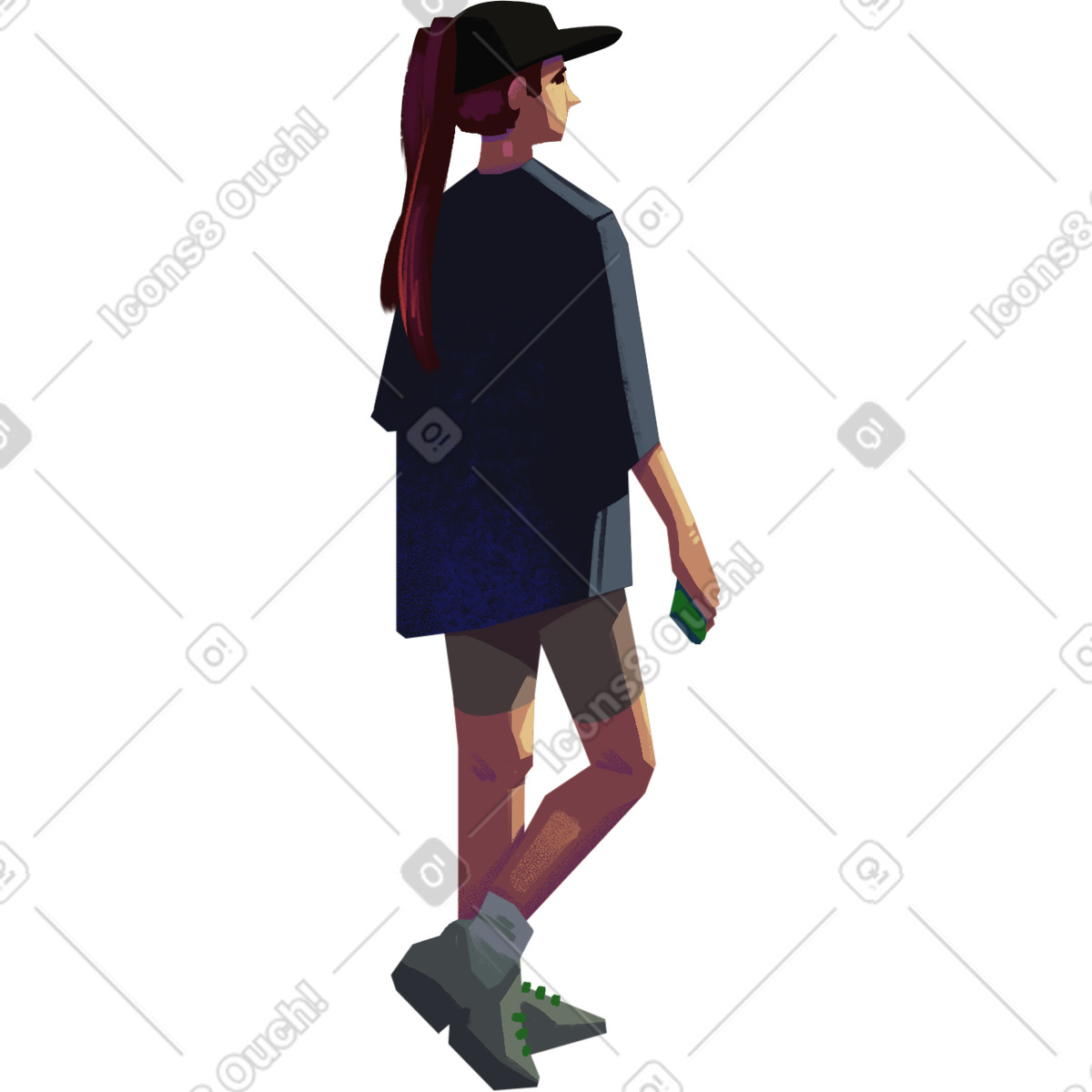 Woman with ponytail standing and holding her phone illustration in Lush style download in PNG, SVG