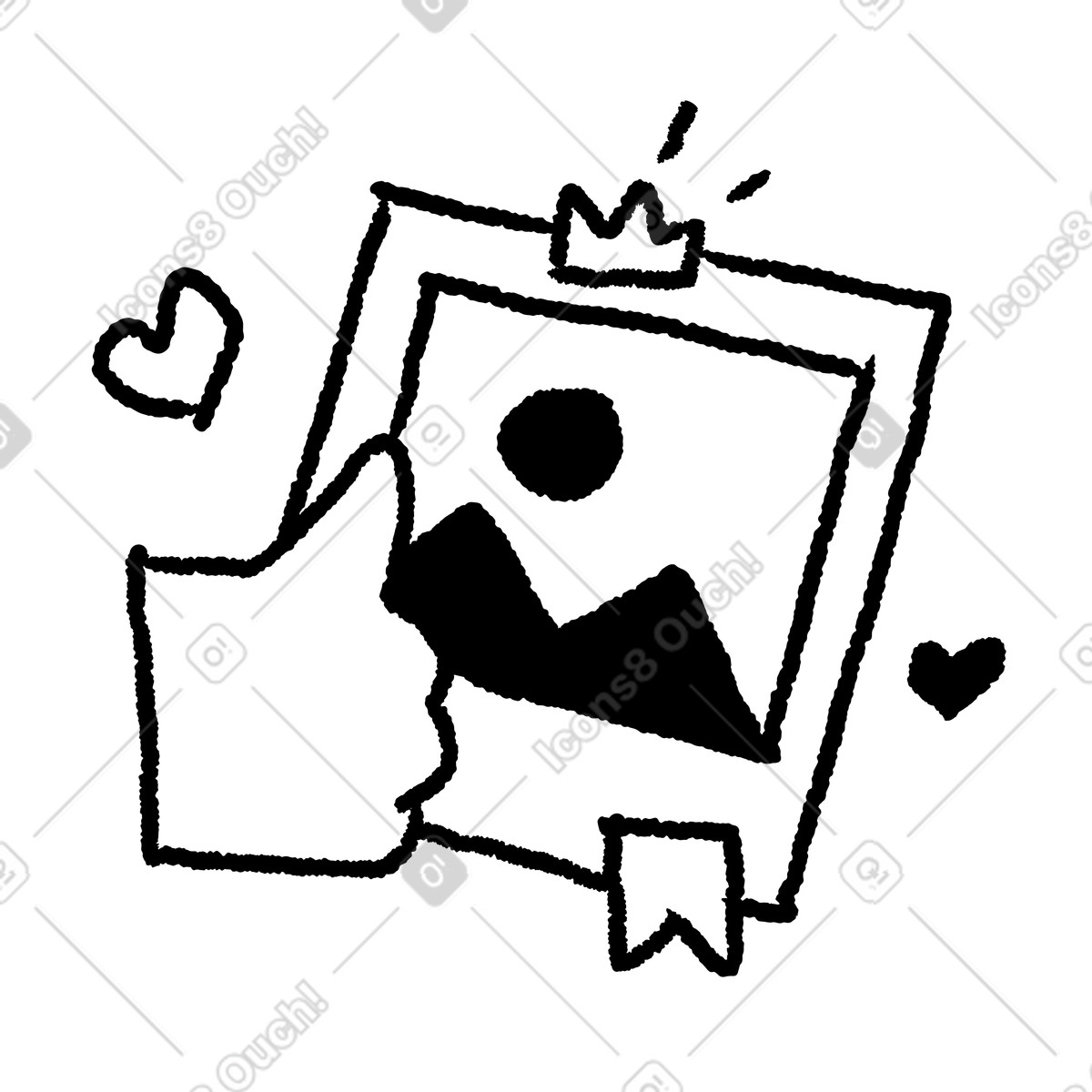 Black Chalk 스타일의 Photo frame liked with thumbs up and decorative hearts around 일러스트레이션 PNG, SVG 다운로드