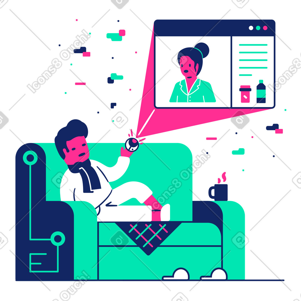 Ilustração de Homem doente fica em casa e recebe consulta médica online no estilo Cyborg para baixar PNG, SVG