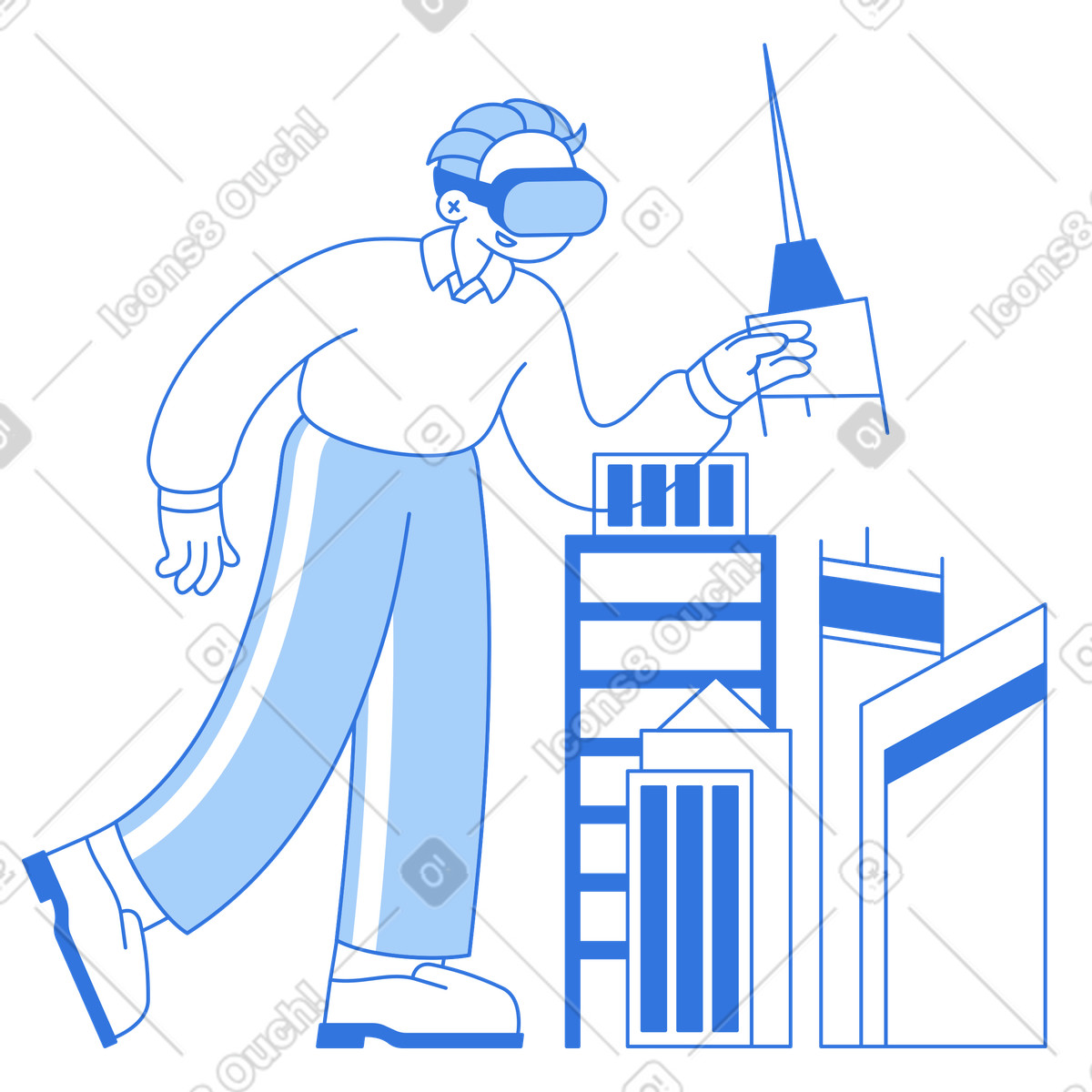 Ilustração de Architect with virtual reality gear creating buildings, Immersive building simulation em no estilo Sky para baixar em PNG, SVG