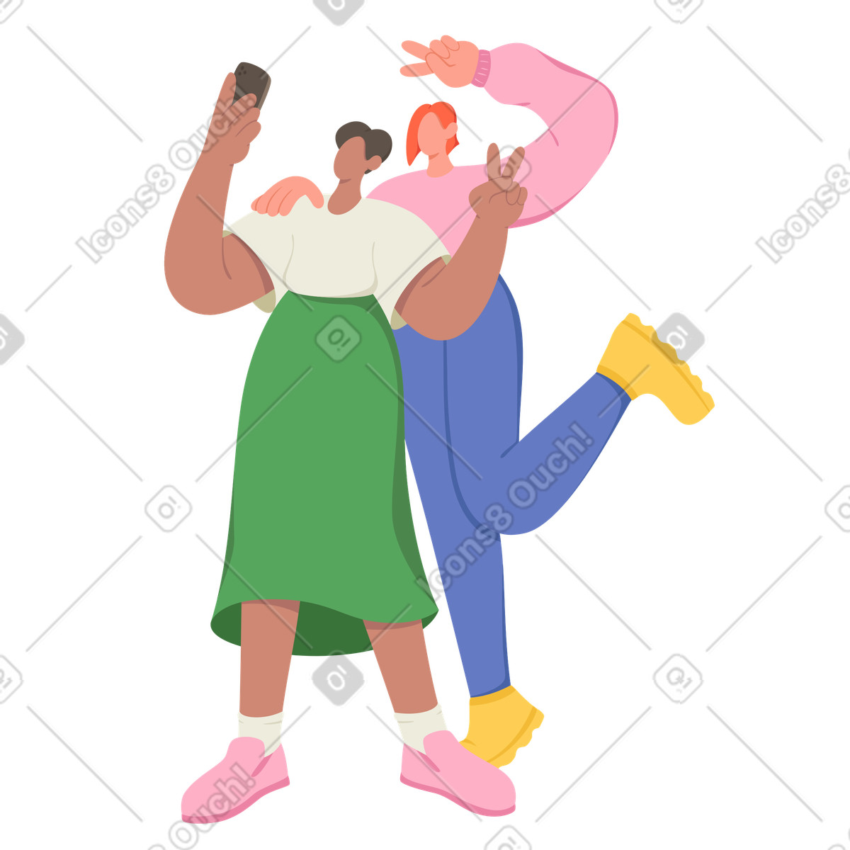 Giovani donne che mostrano il segno v e scattano selfie illustrazione in stile Social scarica in PNG, SVG