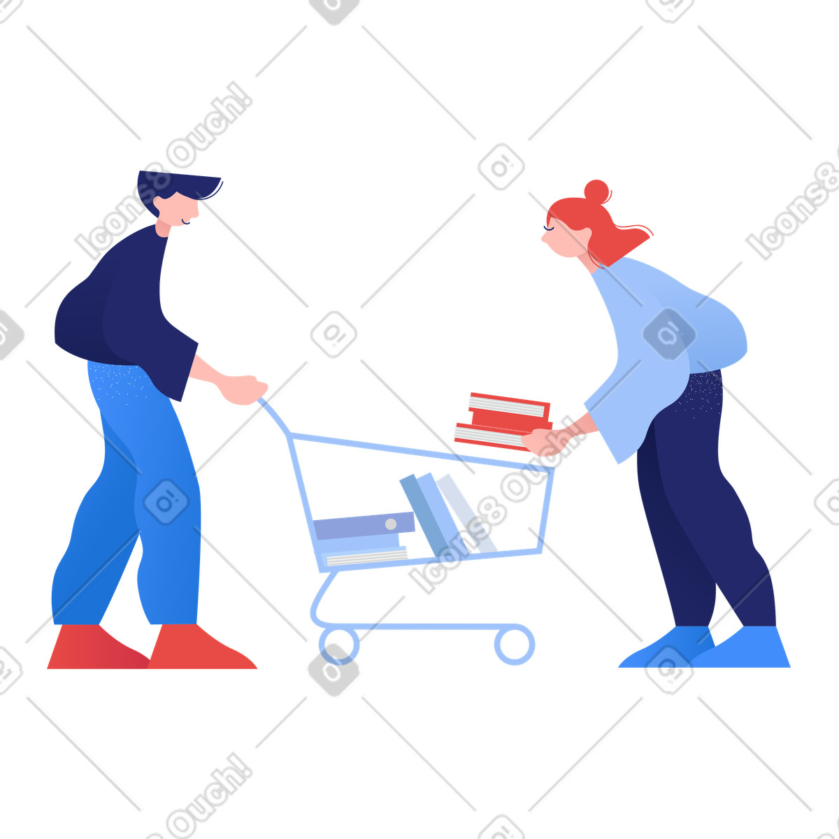 Ilustração de Casal colocando livros no carrinho compras em estilo Clip para baixar em PNG, SVG