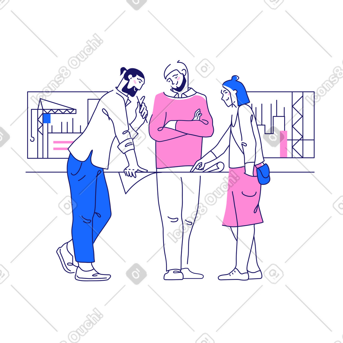 Illustration Trois architectes discutent du projet sur fond de construction dans le style Matey à télécharger aux formats PNG, SVG