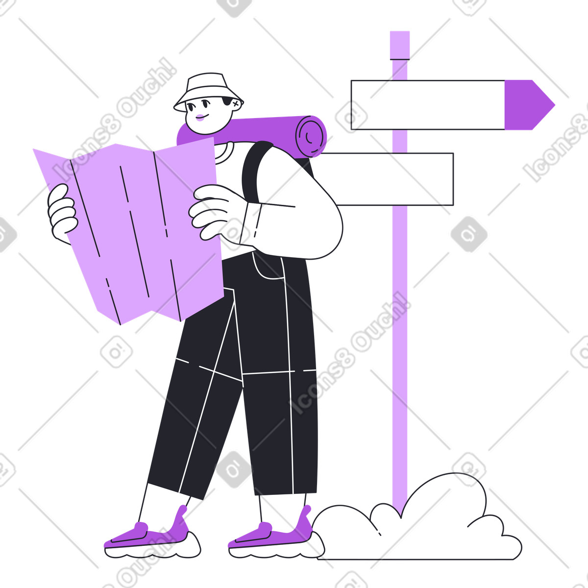 Grapy スタイルの Traveler with map near signpost, Travel planning and exploring new destinations のアニメーションイラストをGIF、Lottie (JSON)、AEでダウンロード