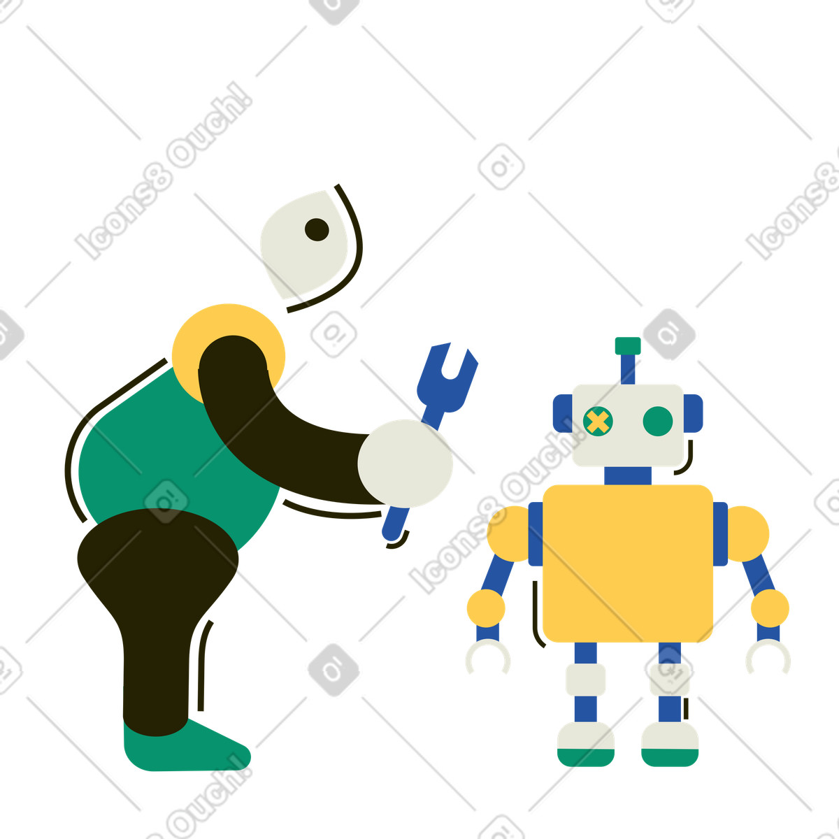 Man with wrench repairing a robot illustration repair clipart graphics vector images