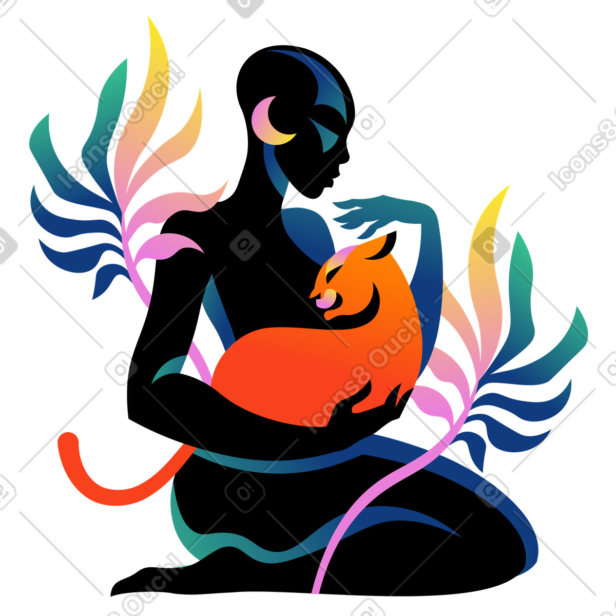 Illustration Femme tenant et câlinant une lionne dans le style Amani à télécharger aux formats PNG, SVG