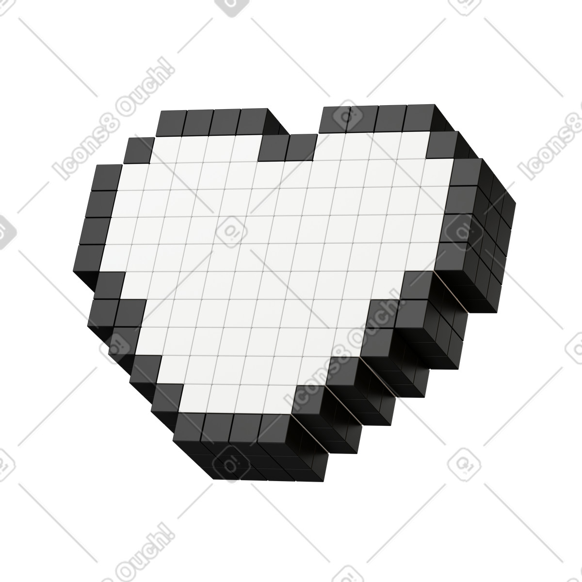 3D Stickle スタイルの 白と黒のブロックで構成されたハート型のピクセル化された立方体 のイラストをPNG、SVG形式でダウンロード