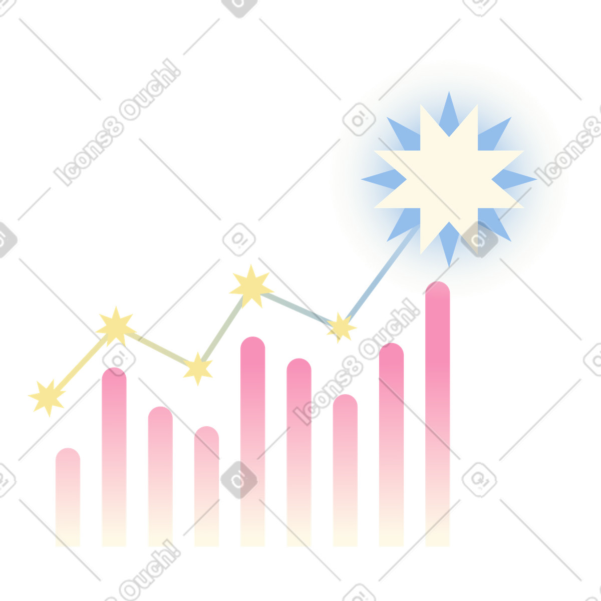 Bar chart with star points and a bright peak, North metric, Business performance growth success metric illustration in Beam style download in PNG, SVG
