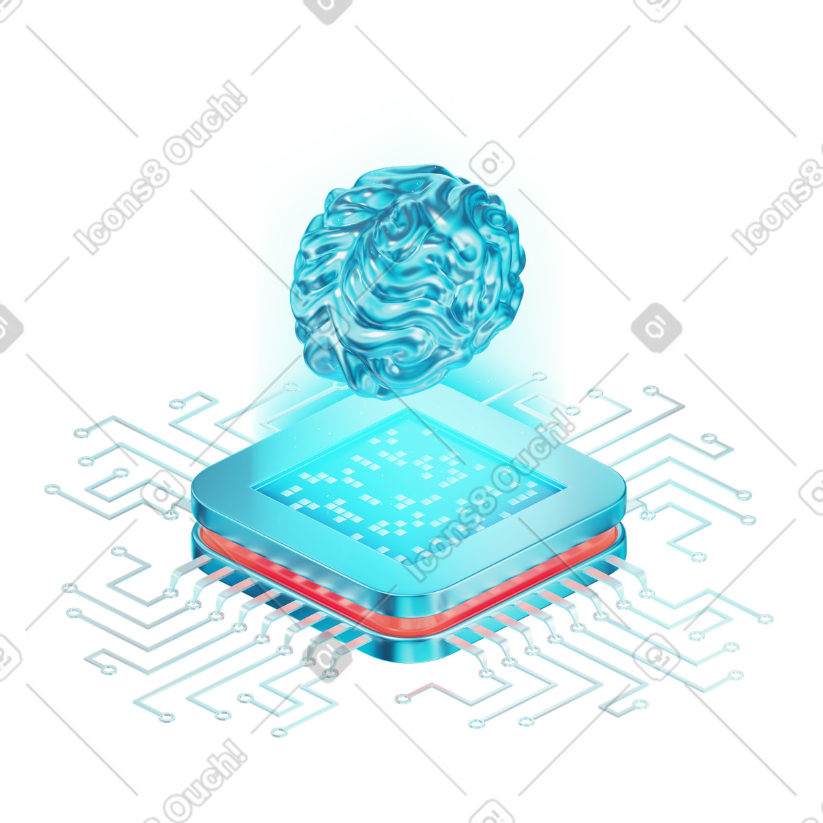 Digital brain above microchip, Computing using artificial intelligence animated illustration in 3D Glare style download in GIF, Lottie (JSON), AE
