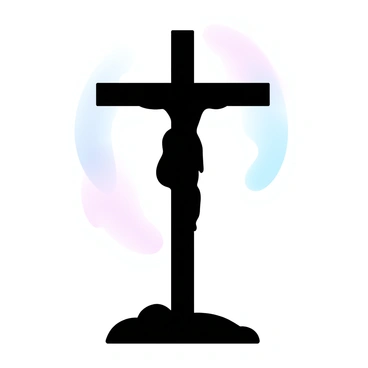 A simple silhouette of "Jesus" on a cross. The cross stands tall, creating a stark contrast against a gradient of pastel colors in the background. The silhouette features the outline of "Jesus" with arms extended, portraying a clear and recognizable form. The cross is firmly grounded on the earth, with the gradient colors softly transitioning from one hue to another, enhancing the overall composition.