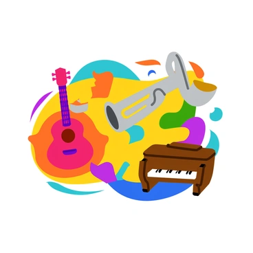 A jigsaw puzzle with pieces that display various musical instruments. The instruments include a bright red guitar, a shiny brass trumpet, a sleek silver saxophone, and a classic wooden piano. Each instrument is surrounded by vibrant colors and abstract patterns that enhance the overall composition. The pieces are interlocked in a way that showcases the unique shapes and sizes of each instrument, creating an engaging and lively scene.