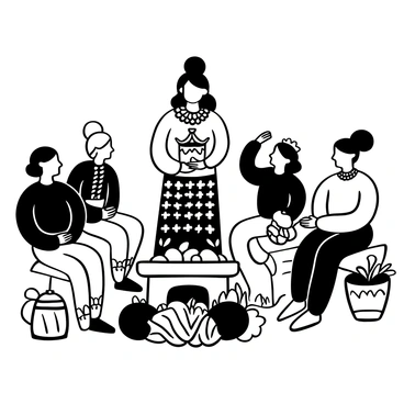 A woman dressed in intricate ceremonial clothing, adorned with traditional patterns, stands in the center of a family gathering. She holds a decorative offering in her hands, which is placed on a small altar decorated with flowers and fruits. Around her, family members are dressed in similar ceremonial attire, engaged in the ritual, with various traditional items such as musical instruments and ornate decorations visible. The background features a traditional setting, enhancing the ambiance of the family ritual. The atmosphere depicts a sense of unity and cultural heritage.
