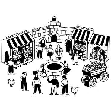 A bustling medieval marketplace filled with numerous vendors displaying an array of goods. Stalls are covered with striped canopies, showcasing baskets of fruits, jars of spices, and rolls of fabric. A group of people, dressed in tunics and cloaks, are engaged in conversations while haggling over prices. In the background, a stone well stands surrounded by a few children playing. A large wooden cart filled with barrels is parked nearby, and a couple of chickens wander freely among the crowd. The atmosphere is lively and full of activity.