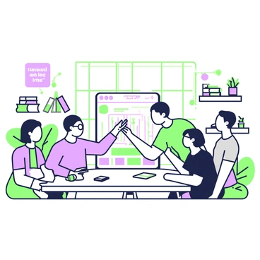A modern office space featuring young professionals engaged in brainstorming ideas. In the center, a round table is surrounded by four individuals: a woman with glasses in a black blouse, a man in a gray t-shirt, and two others in casual attire. They are focused on a large digital screen displaying a colorful infographic, with sticky notes scattered around the table. The walls are adorned with motivational quotes in green and purple frames. Large windows provide ample natural light, illuminating the innovative atmosphere of the workspace. In the background, there are shelves filled with books and plants, creating a lively and collaborative environment.