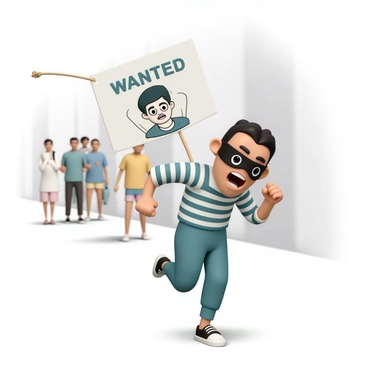 A clumsy thief, wearing a black mask and striped shirt, is running with a large, exaggerated expression of panic on his face. His pants are slightly too big, causing him to trip over them as he stumbles forward. A large "Wanted" sign, flapping in the wind behind him, is secured to his back with a piece of rope. The sign prominently features a cartoonish drawing of the thief, along with the words "WANTED" in bold letters. In the background, a city street is visible, with surprised onlookers watching the scene unfold.
