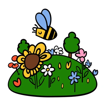 A Minecraft bee with a blocky body and distinctive yellow and black stripes is buzzing around a vibrant flower-filled meadow. The flowers come in various colors, including red, blue, and pink, dotting the lush green grass. The bee has transparent wings that reflect light as it hovers near a large sunflower and a cluster of daisies. In the background, there are more flowers and a few trees, creating a lively and colorful scene.