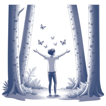 A person standing in a forest glade, surrounded by tall trees with intricate bark patterns. The person is depicted with arms outstretched, as if welcoming the butterflies surrounding them. Numerous butterflies are caught in mid-flight, with wings of various sizes and patterns, resting gently on their shoulders and fluttering around their head. The glade features an array of lush greenery, including ferns and small flowering plants peeking through the underbrush. Sunlight filters through the canopy, casting dappled shadows on the soft forest floor.
