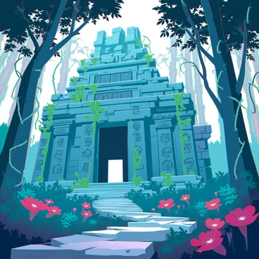 An ancient temple with crumbling stone walls, covered in intricate carvings and symbols, stands hidden in a dense jungle. The temple is surrounded by lush, green foliage and towering trees that stretch up towards the sky. Overgrown vines snake around the temple's structure, draping down like curtains. Brightly colored flowers peek through the undergrowth, adding splashes of color to the scene. Sunlight filters through the dense canopy above, casting dappled shadows on the ground. A winding path made of uneven stones leads up to the entrance of the temple, hinting at a long-forgotten history.