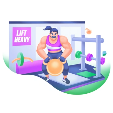 A cartoon avatar with a determined expression is performing a kettlebell deadlift. The avatar has muscular arms and is dressed in a colorful workout outfit. The kettlebell is a bright shade of orange being lifted from the floor. The background features a modern gym environment, with various gym equipment such as dumbbells and a yoga mat. There is a motivational poster on the wall that says "Lift Heavy" in bold letters. Soft pastel colors dominate the scene, creating a vibrant and energetic atmosphere.