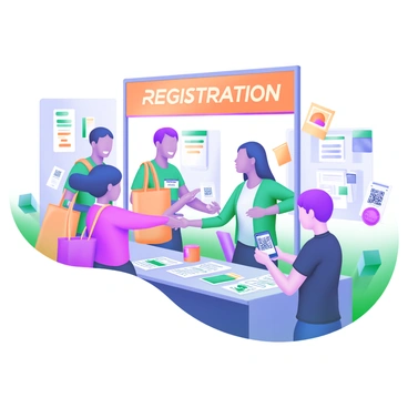 A scene depicting a busy registration booth at a conference. The booth is adorned with a bright banner that reads "Registration" in bold, welcoming letters. Several attendees, carrying tote bags and wearing name tags, are lined up at the counter, where staff members assist them with check-in. One staff member is handing a badge to a smiling attendee, while another is scanning a registration QR code on a smartphone. Desks are covered with brochures and informational pamphlets about the conference. In the background, a colorful display of conference materials adds to the vibrant atmosphere.