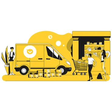 A delivery van is parked next to a loading dock at a busy market. The van has a large, prominent logo on its side. Several stacked boxes labeled with product information are placed next to the van. There are people in the background, including market workers unloading goods and customers shopping. Trolleys filled with fresh produce and other items are visible, along with a few carts waiting to be loaded. The overall atmosphere is bustling with activity.